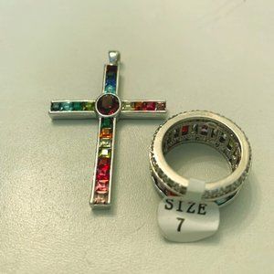 Rainbow Rhinestones Cross Charm/Matching Ring NEW